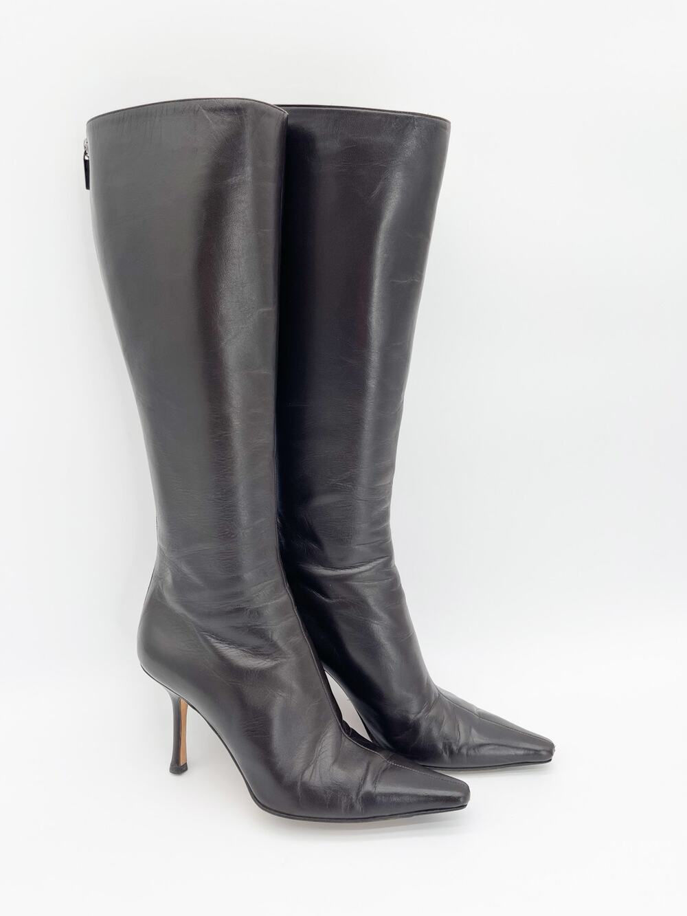Jimmy Choo Peony Coffee Brown Leather Pointed Square Toe Knee High Boots IT 37